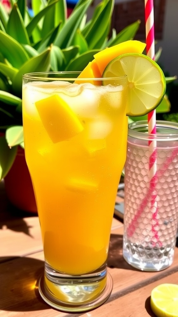 A refreshing mango and gin cocktail garnished with mango and lime, set in a sunny outdoor setting.